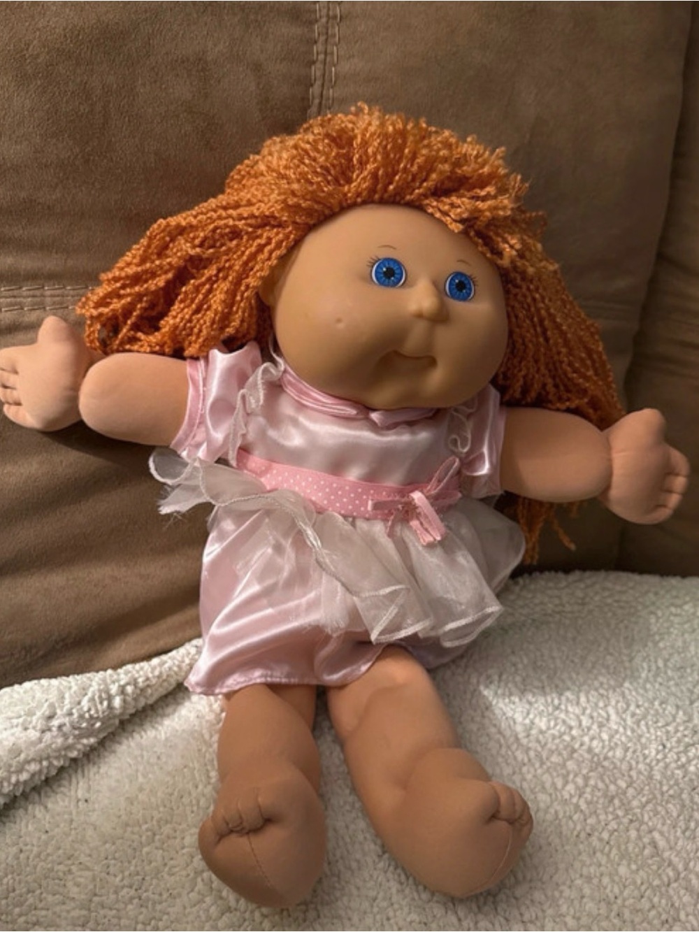 Soft Plush Rag Doll with Pink Dress and Orange Yarn Hair